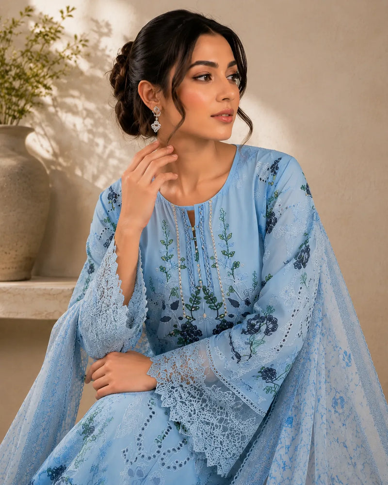 Powder Blue Floral Embroidered Long Cutwork 3-Piece Stitched Suit with Pearl Neckline & Organza Dupatta