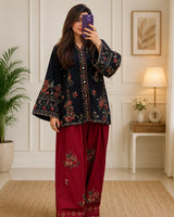 Black & Red Embroidered Short Kurti 3-Piece Stitched Suit with Shalwar