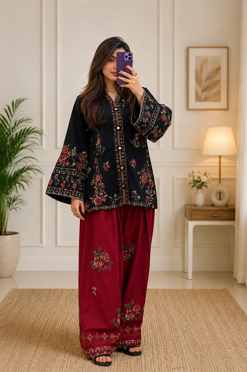 Black & Red Embroidered Short Kurti 3-Piece Stitched Suit with Shalwar
