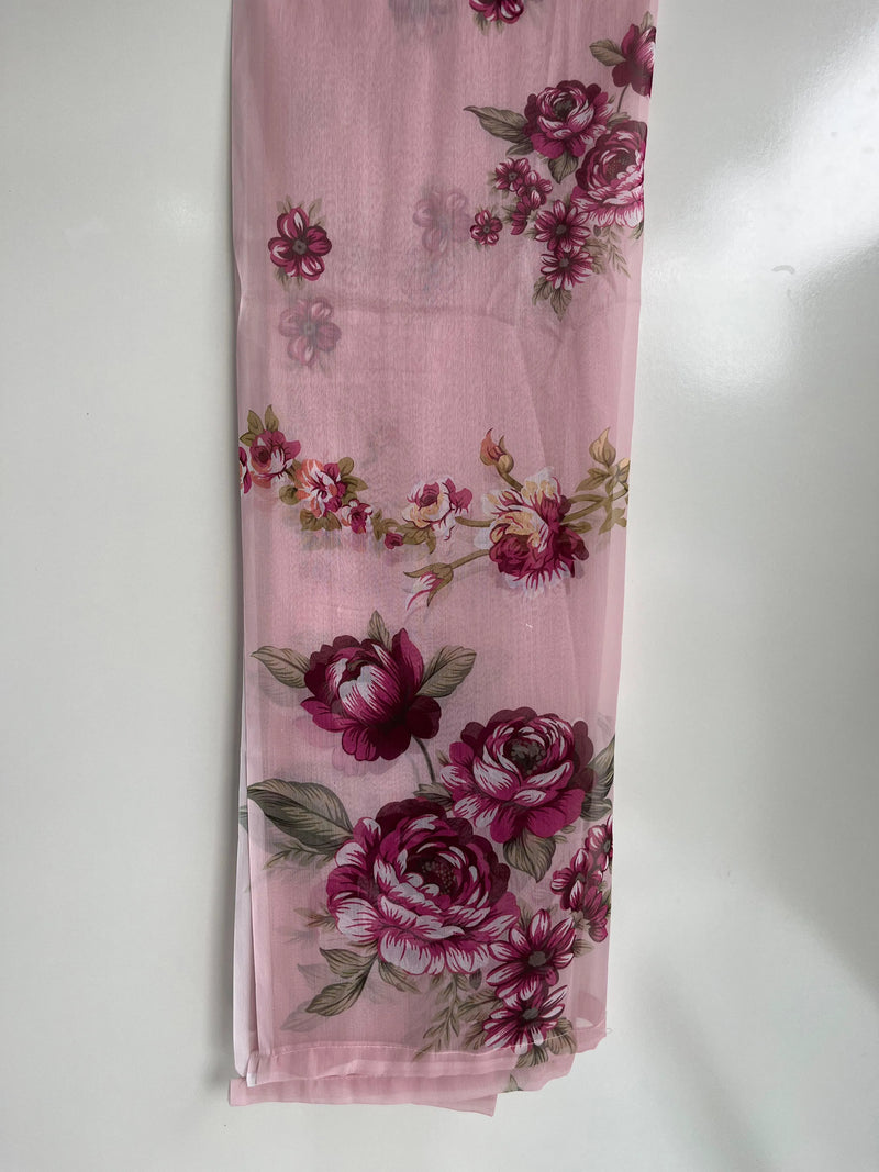 Baby Pink Floral Embroidered Long 3-Piece Stitched Lawn Suit with Chiffon Dupatta & Plain Trouser