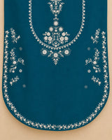 Teal Blue Embroidered Lawn Short Kurti 2-Piece Stitched Suit with Off-White Embroidered Shalwar