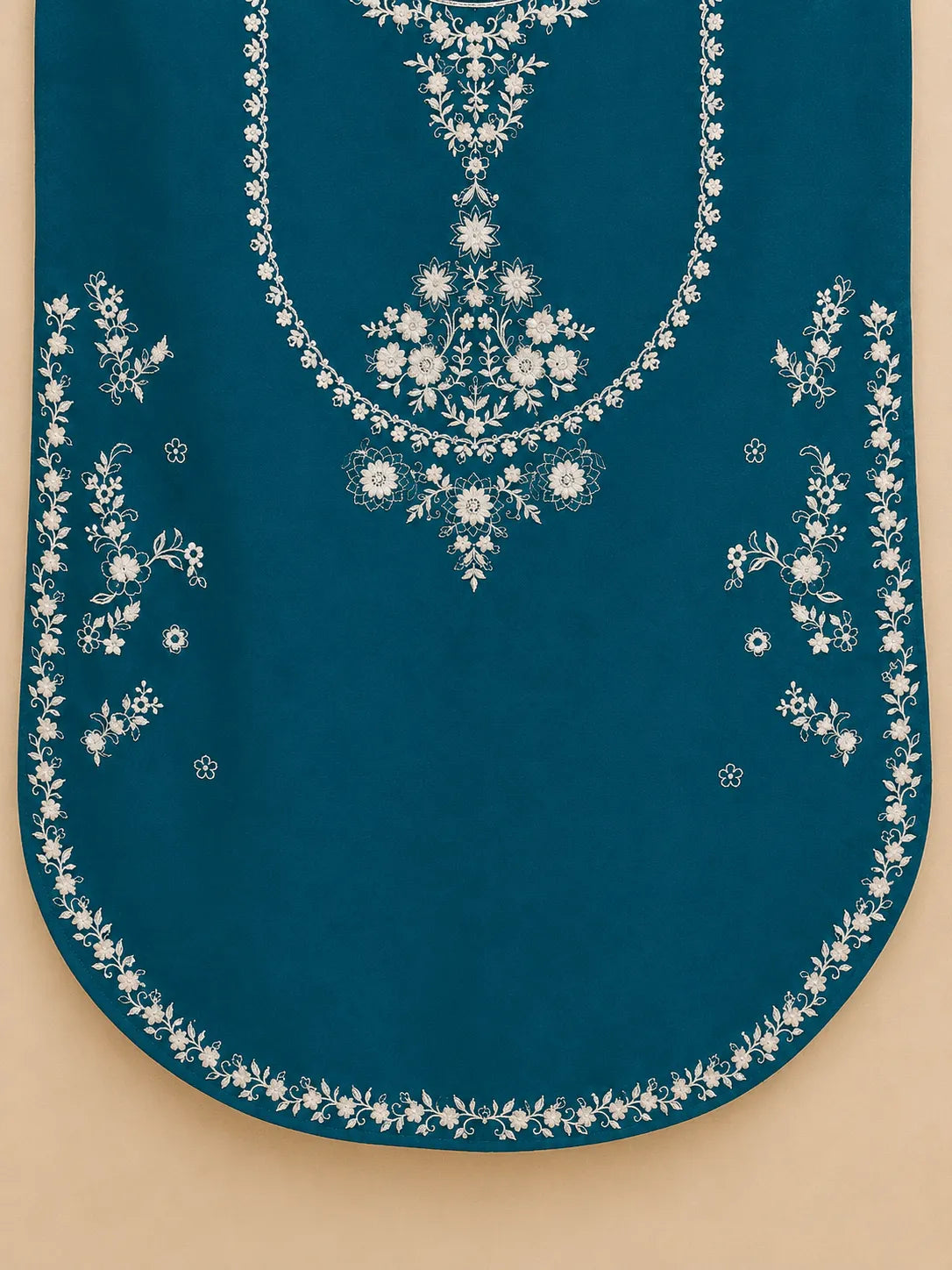 Teal Blue Embroidered Lawn Short Kurti 2-Piece Stitched Suit with Off-White Embroidered Shalwar