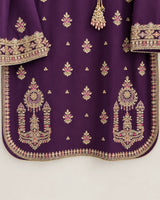 Deep Plum Purple Embroidered Rounded Kameez 3-Piece Stitched Lawn Suit with Embroidered Plazo & Doriya Dupatta