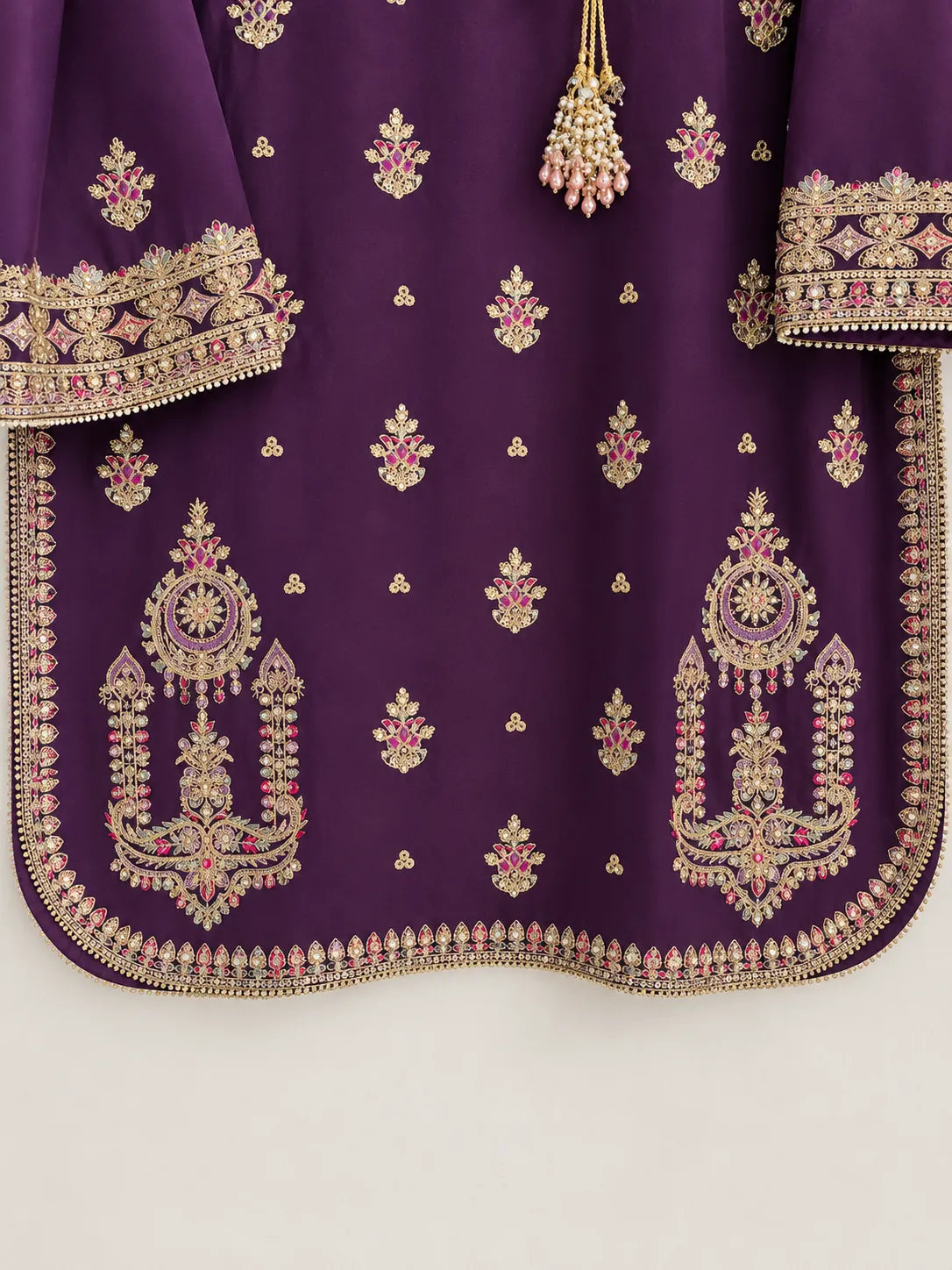 Deep Plum Purple Embroidered Rounded Kameez 3-Piece Stitched Lawn Suit with Embroidered Plazo & Doriya Dupatta