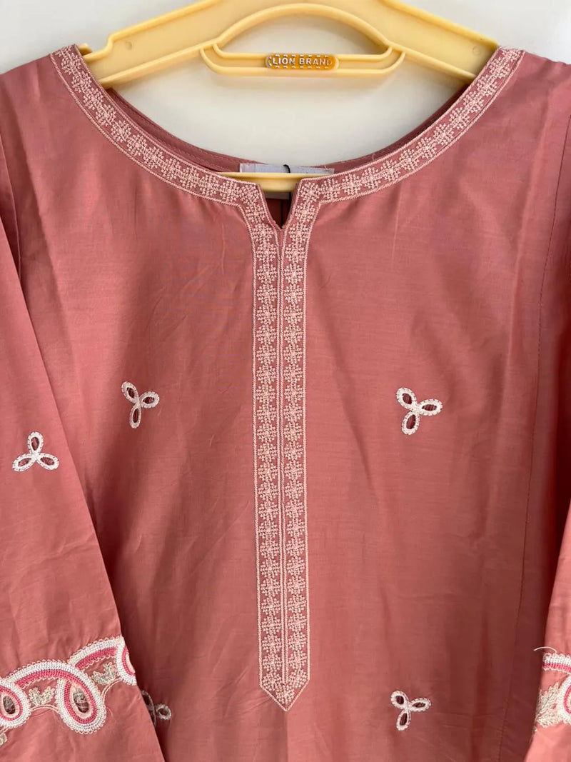 Salmon Pink Short Embroidered Lawn 3-Piece Stitched Suit with Cutwork Hem & Off-White Embroidered Trouser