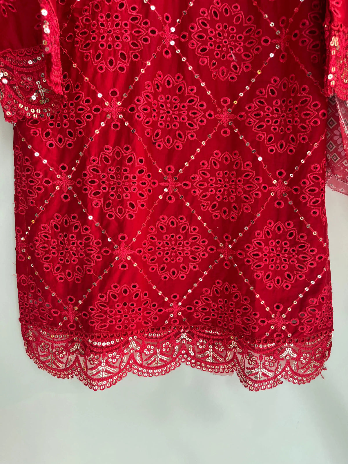 Blood Red Embroidered Chickenkari & Sequins 3-Piece Stitched Suit with Silk Dupatta