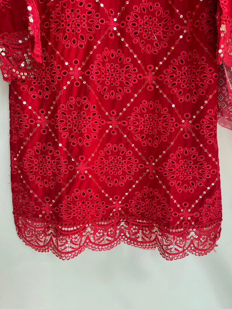 Blood Red Embroidered Chickenkari & Sequins 3-Piece Stitched Suit with Silk Dupatta