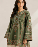 Olive Green Embroidered Short Lawn Kurti 2-Piece Stitched Suit with Off-White Embroidered Shalwar