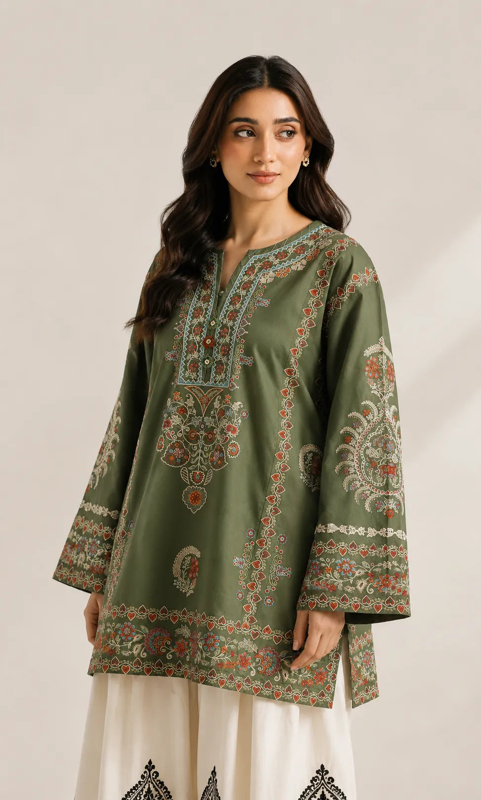 Olive Green Embroidered Short Lawn Kurti 2-Piece Stitched Suit with Off-White Embroidered Shalwar