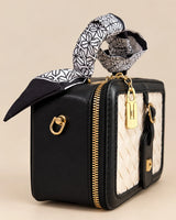 Black & Cream Woven Leather Box Bag | Scarf Top-Handle Trunk Purse