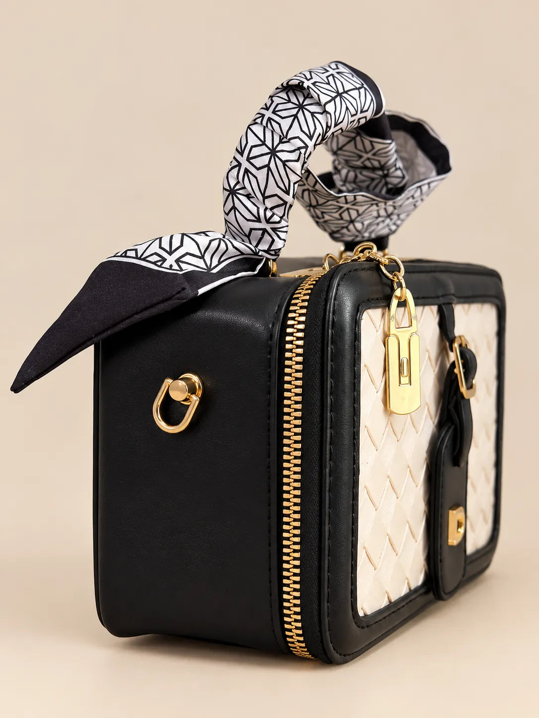 Black & Cream Woven Leather Box Bag | Scarf Top-Handle Trunk Purse