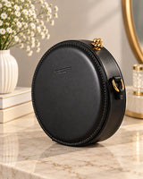 Black Round Circle Canteen Bag | Gold Chain Strap & Ornamental Clasp Crossbody Purse