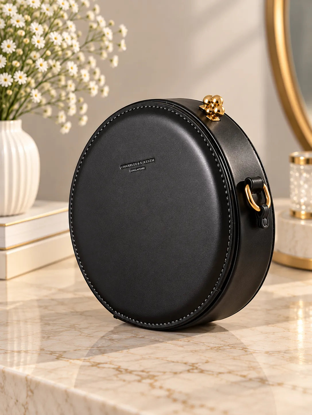Black Round Circle Canteen Bag | Gold Chain Strap & Ornamental Clasp Crossbody Purse