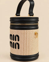 Min Min Woven Straw Cylinder Vanity Box Bag | Black Leather Trim Crossbody Purse
