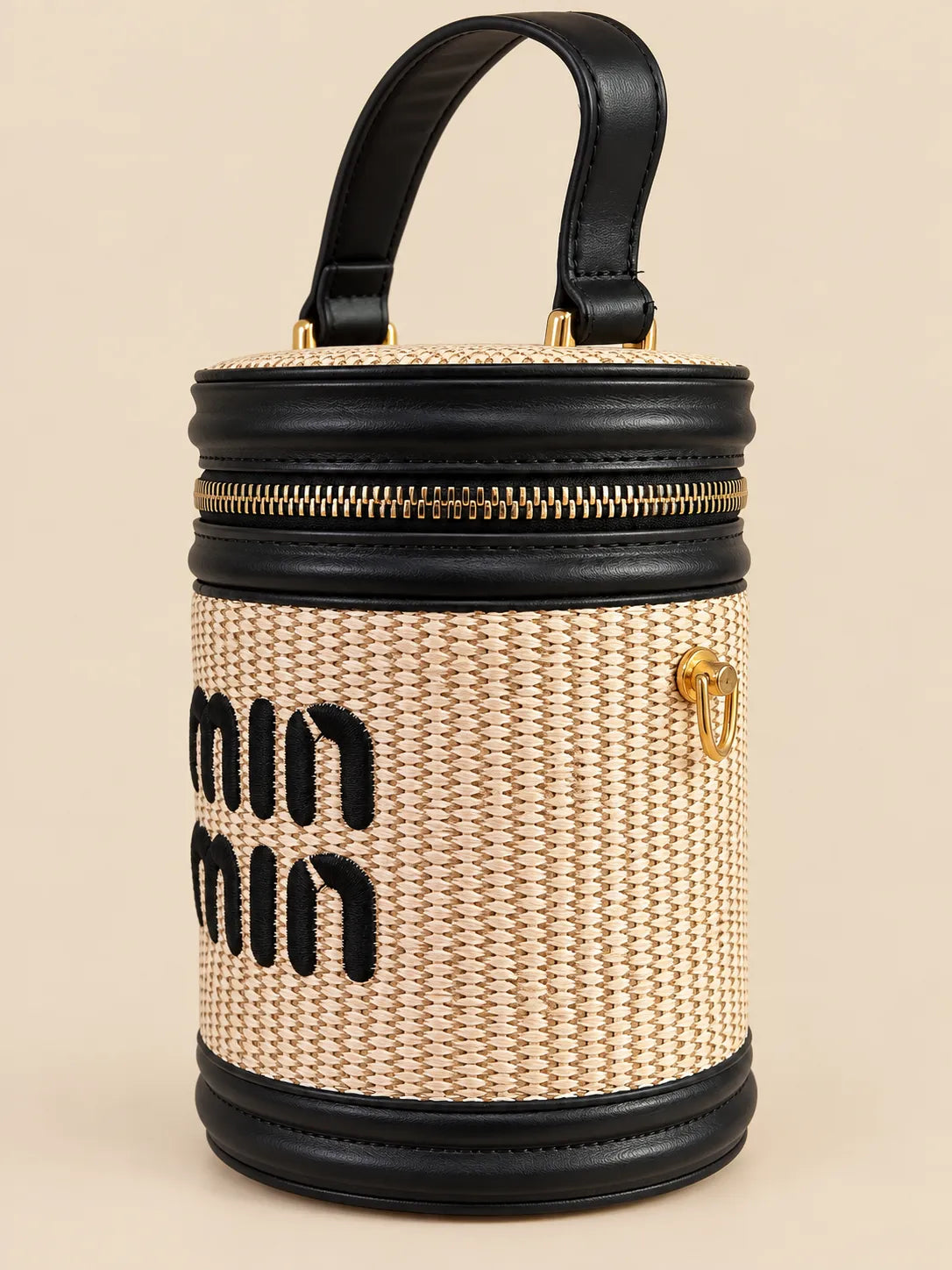 Min Min Woven Straw Cylinder Vanity Box Bag | Black Leather Trim Crossbody Purse