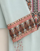 Aqua Blue Embroidered Farshi 3-Piece Stitched Suit with Chiffon Dupatta