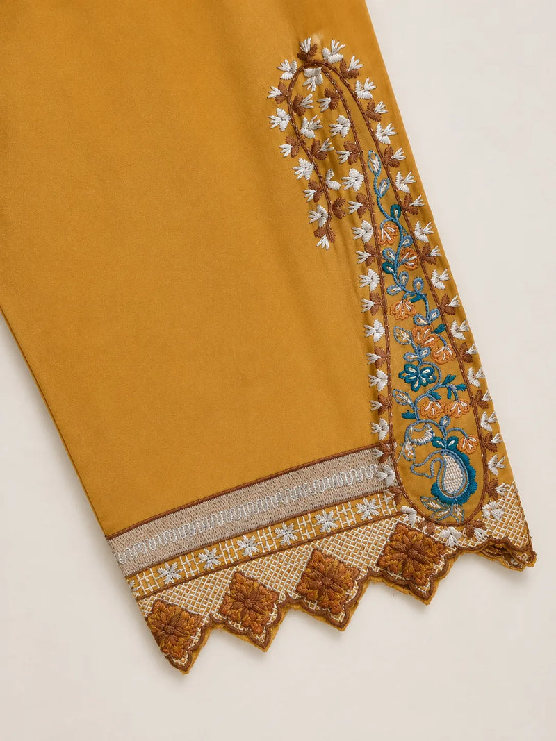 Mustard Gold Ethnic Inspired Embroidered 3-Piece Stitched Lawn Suit with Net Dupatta