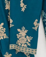 Teal Blue Embroidered Aari Work 3-Piece Stitched Suit with Bamber Dupatta