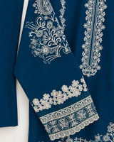 Teal Blue Embroidered Lawn 3-Piece Stitched Suit with Bamber Chiffon Dupatta & Plain Trousers