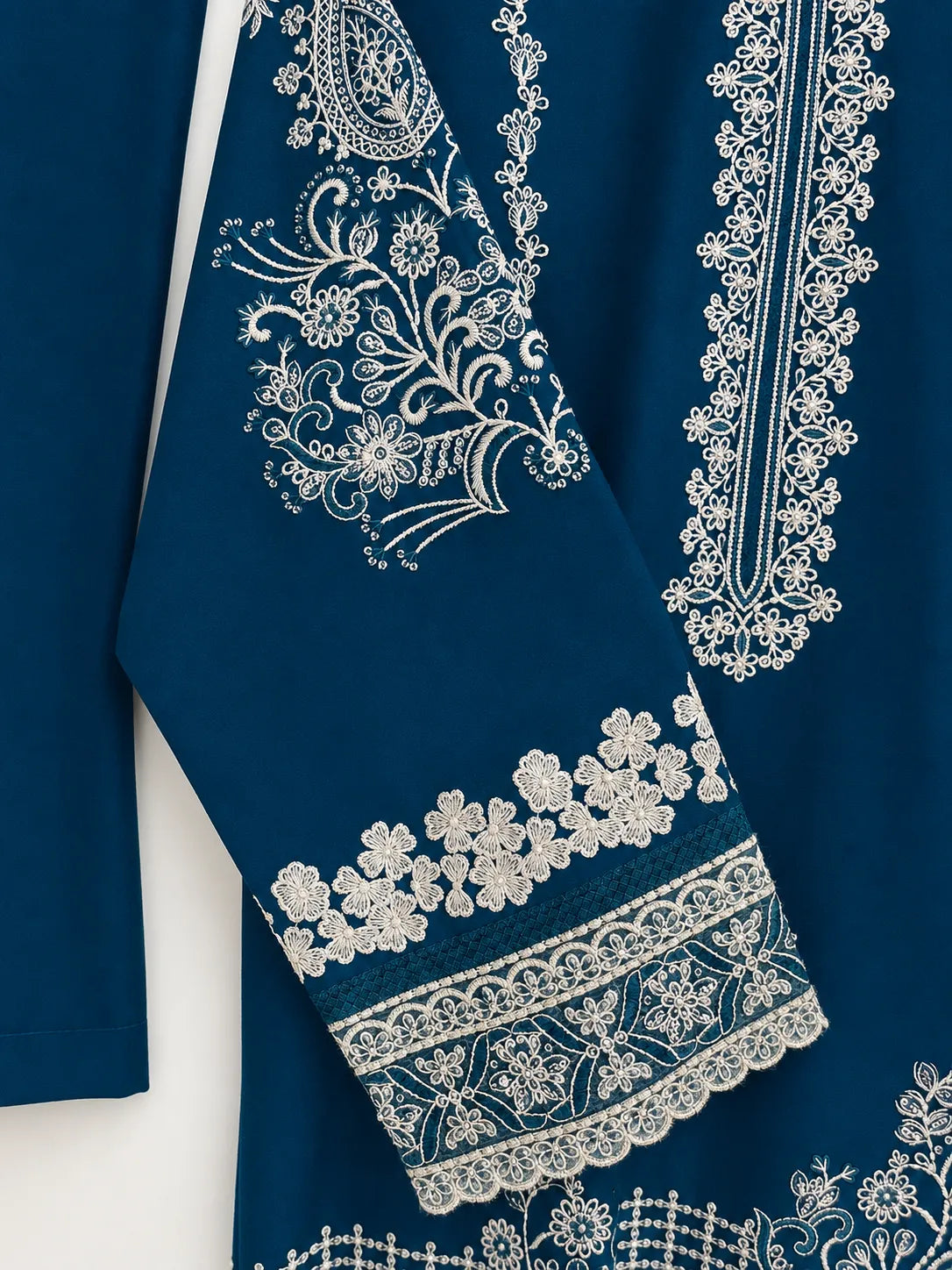 Teal Blue Embroidered Lawn 3-Piece Stitched Suit with Bamber Chiffon Dupatta & Plain Trousers