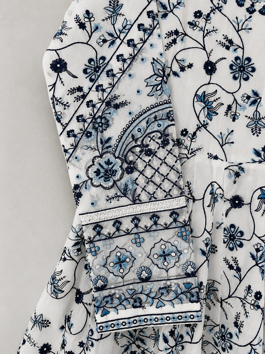 Faiza Saqlain Inspired Blue & White Printed Lawn Frock 3-Piece Stitched Suit with Net Dupatta