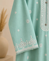 Aqua Blue Embroidered Short Shirt & Trouser 3-Piece Suit with Bamber Dupatta