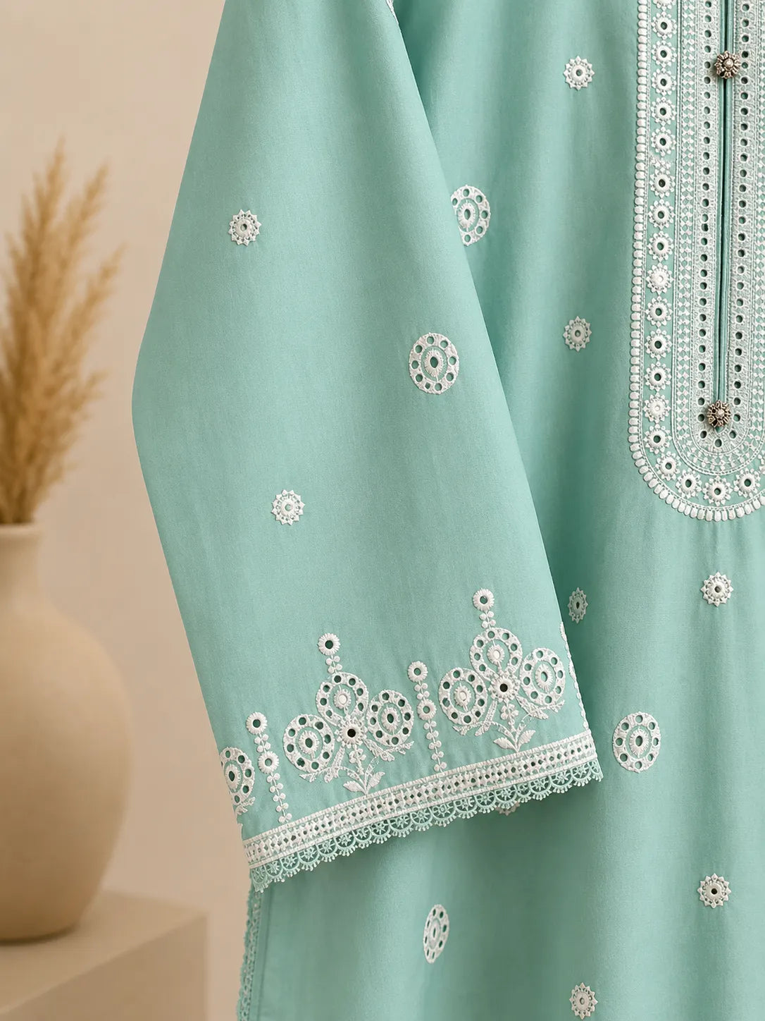 Aqua Blue Embroidered Short Shirt & Trouser 3-Piece Suit with Bamber Dupatta