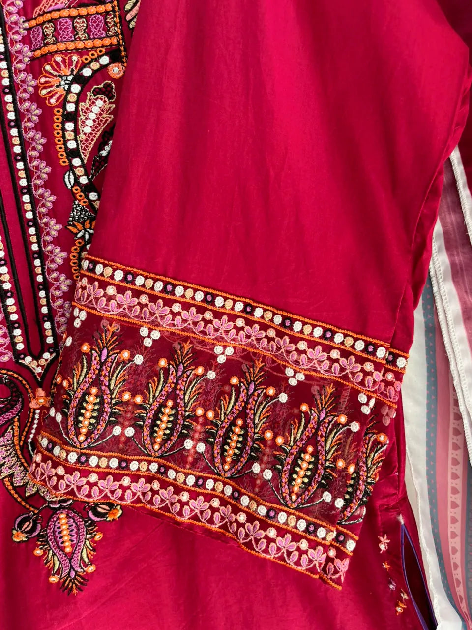 Shocking Pink Embroidered Lawn 3-Piece Stitched Short Suit with Farshi Shalwar & Silk Dupatta