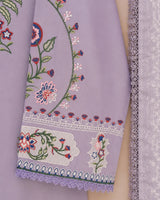 Lilac Colorful Floral Embroidered Long 3-Piece Stitched Lawn Suit with Scalloped Border & Embroidered Dupatta