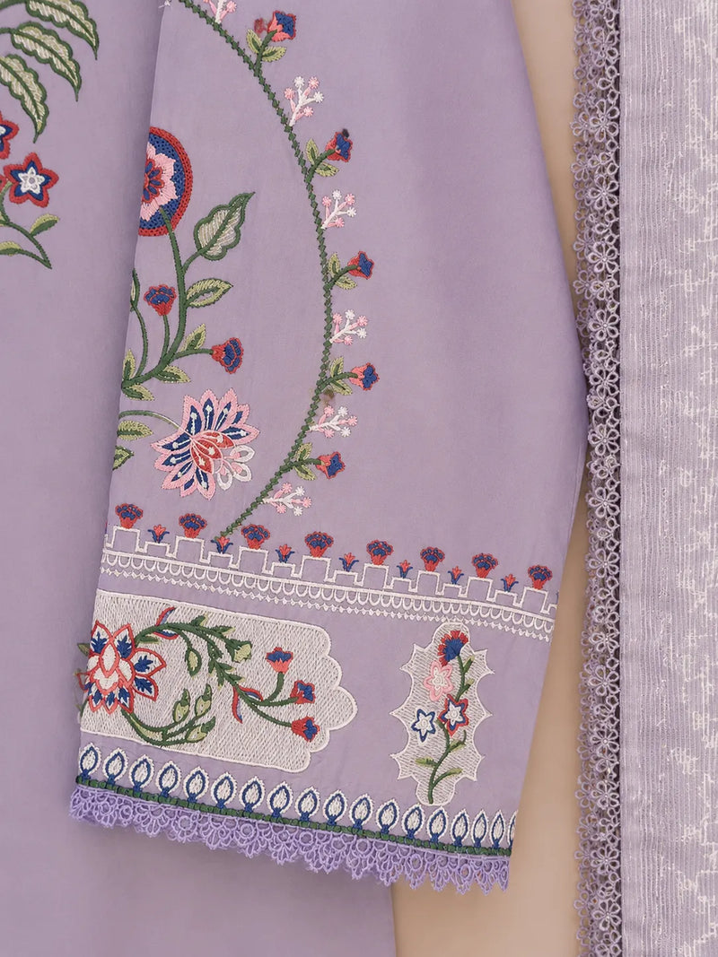 Lilac Colorful Floral Embroidered Long 3-Piece Stitched Lawn Suit with Scalloped Border & Embroidered Dupatta