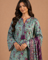 Teal Green Floral Lawn 3 Piece Suit | Purple Tassel Neckline & Contrasting Dupatta