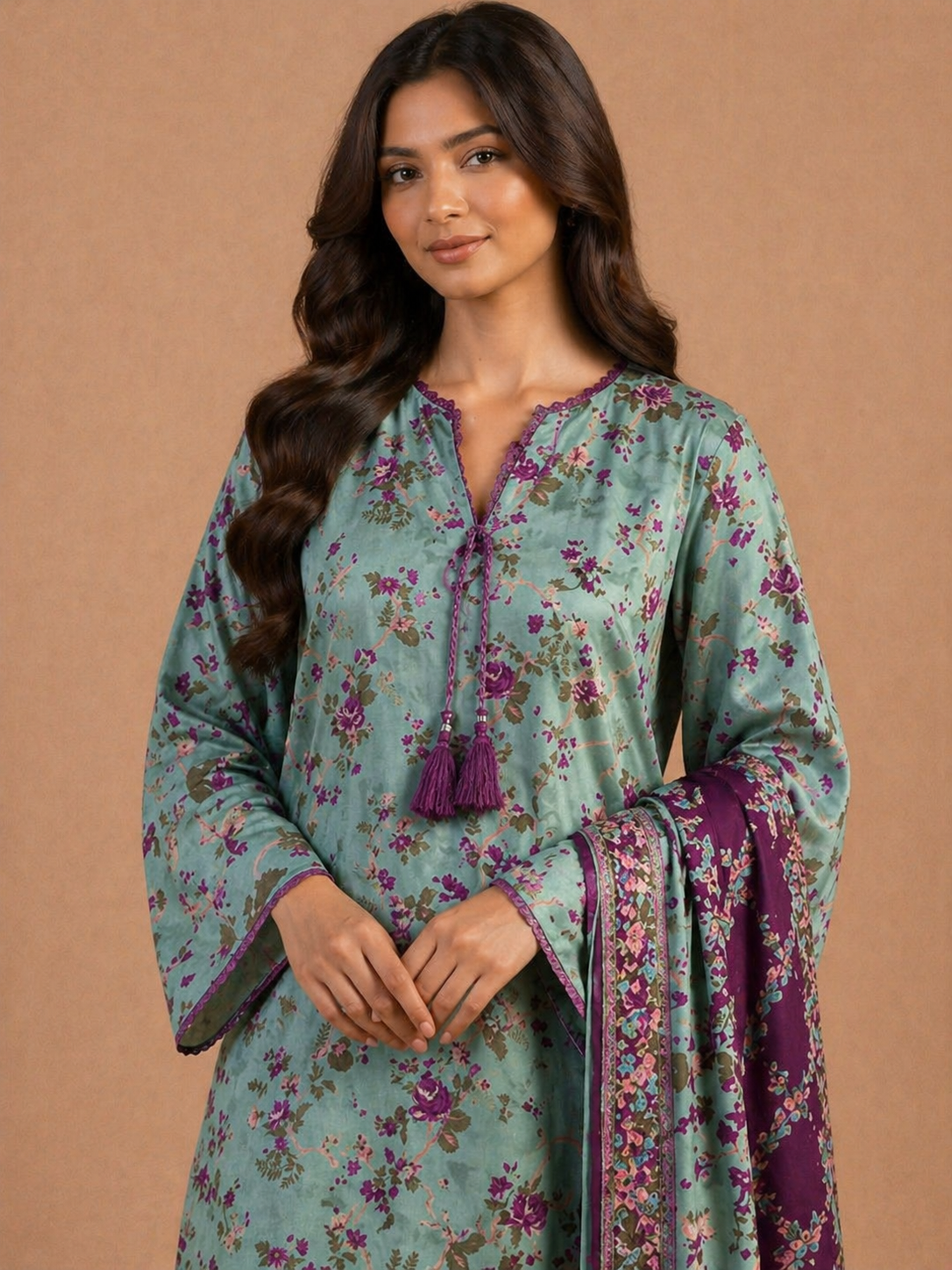 Teal Green Floral Lawn 3 Piece Suit | Purple Tassel Neckline & Contrasting Dupatta