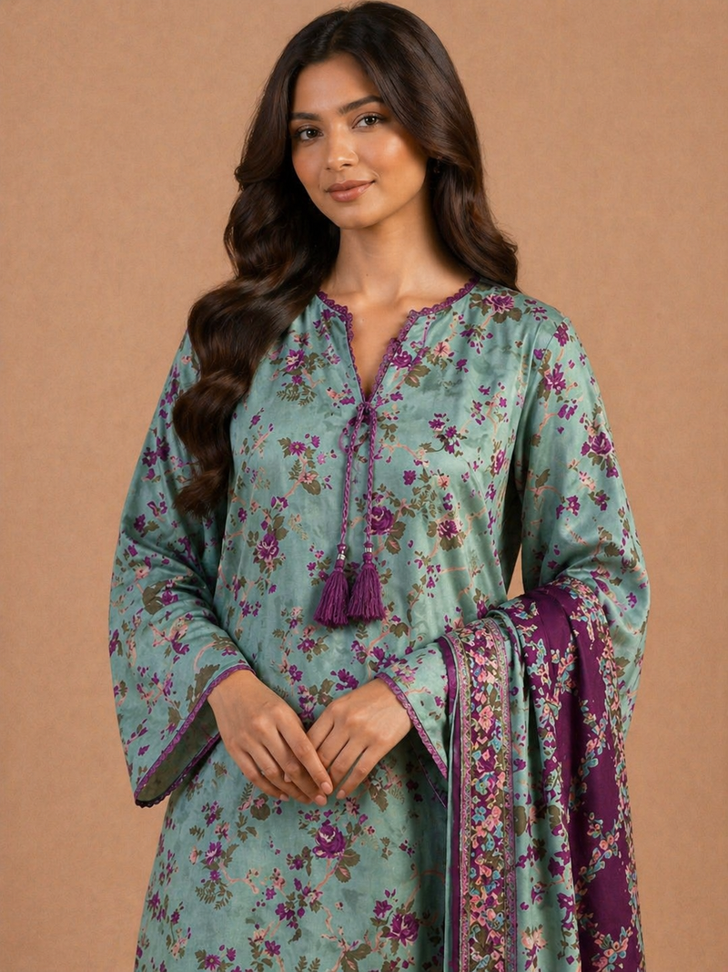 Teal Green Floral Lawn 3 Piece Suit | Purple Tassel Neckline & Contrasting Dupatta