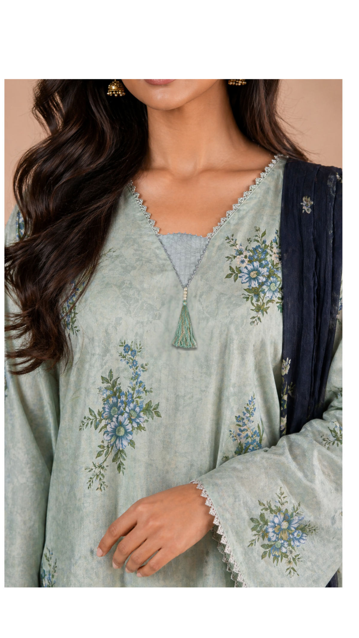 Light Blue & Black Floral Lawn 3 Piece Suit | Tassel Neckline & Contrasting Dupatta