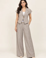 Women's Light Grey Short-Sleeve Blazer & High-Waisted Wide-Leg Trousers 2-Piece Suit