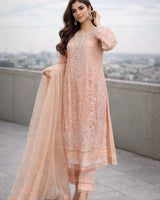 Peach Pink Embroidered Pakistani Formal Suit with Lace Dupatta | Sufaab