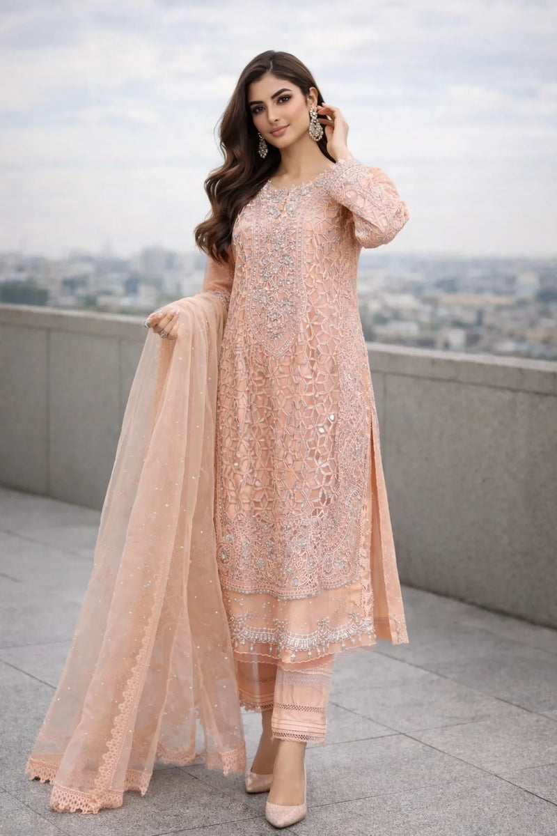 Peach Pink Embroidered Pakistani Formal Suit with Lace Dupatta | Sufaab