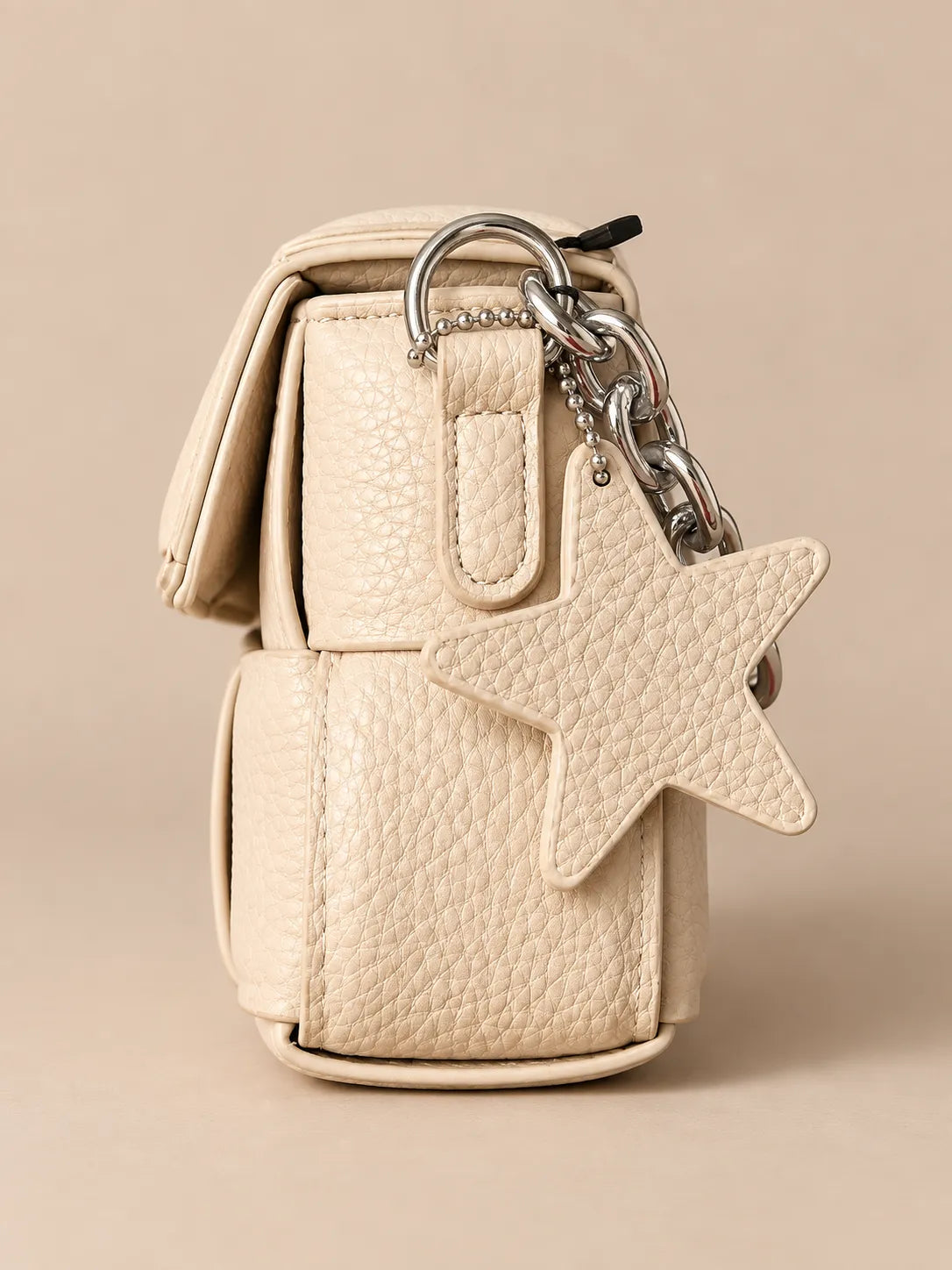 Min Min Off-White Woven Padded Flap Bag | Silver Chain Shoulder Purse with Star Charm