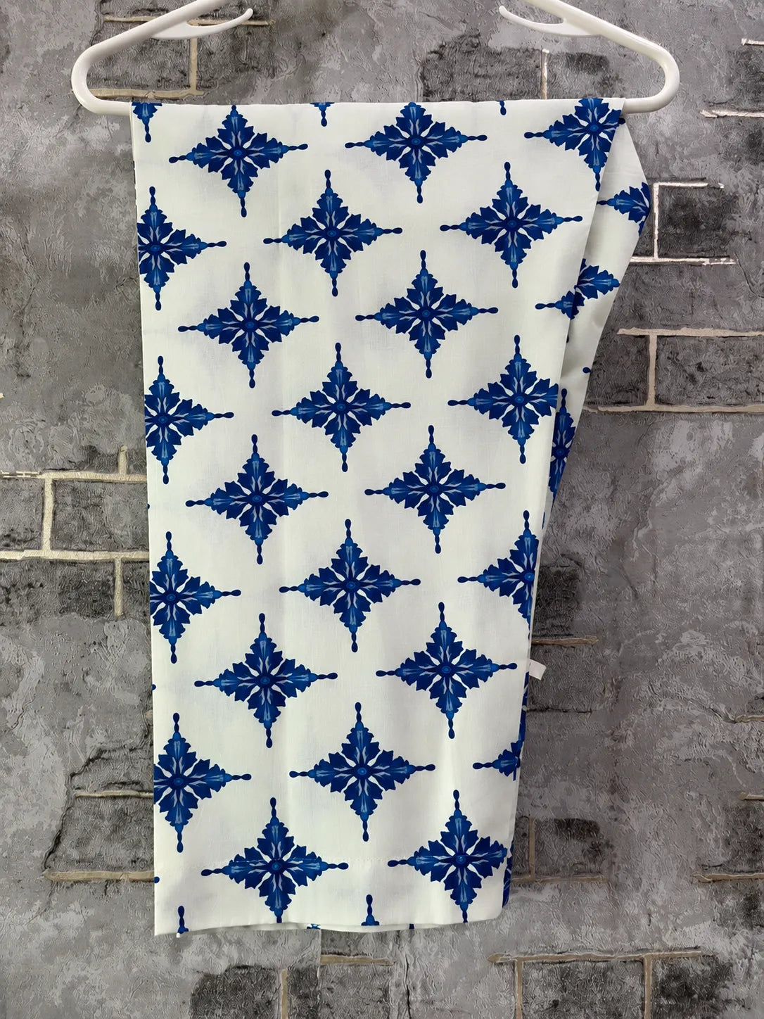 Turkish Print Blue & White Lawn 2 Piece Kaftan Suit | Tile Neckline & Matching Trousers